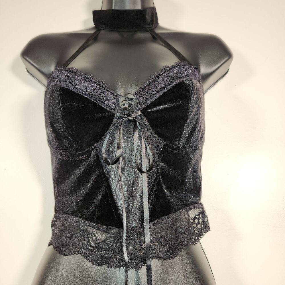 UNBRANDED Choker Bustier Corset Top Womens M Black Lace Velvet Goth Whimsigoth - Picture 7 of 10